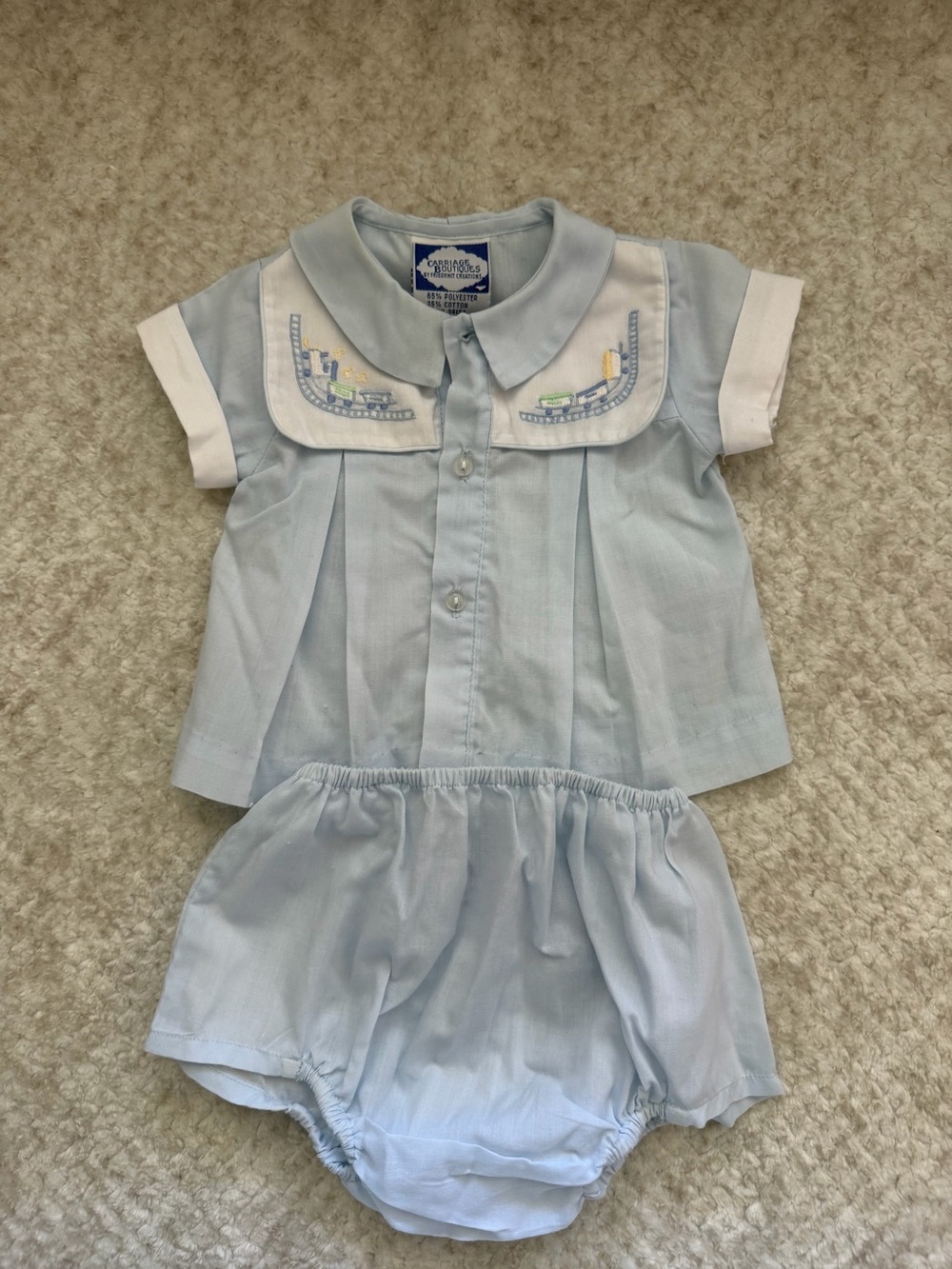 Vintage Carriage Boutiques Baby Boy Train Embroidered 2 Piece Outfit Preemie